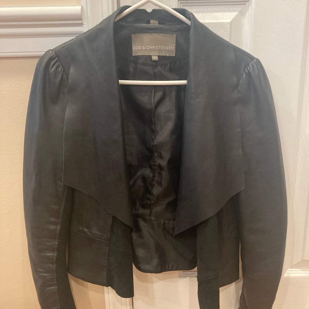 Black Leather Jacket with Draped Collar